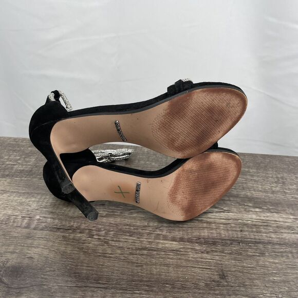 Gianni Bini Size 6.5 Leather Vivvia Rhinestone Jewel Chain Heels Open Toe Black - Picture 6 of 7